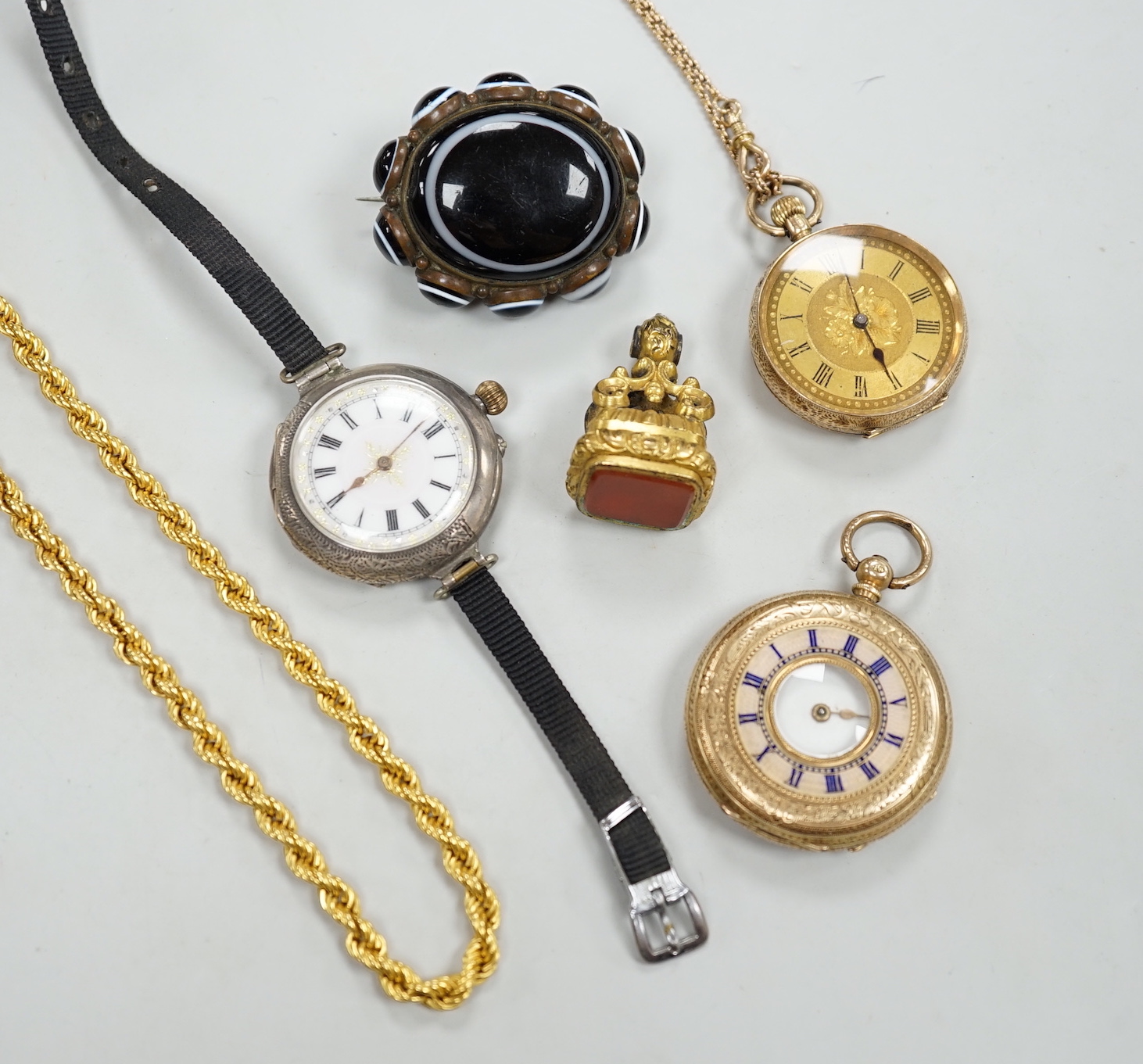 A modern 9ct gold rope twist chain, 39.5cm, 7.8 grams, two 14k fob watches, one with enamelled chapter ring, a silver wrist watch, agate brooch and a gilt metal fob seal.